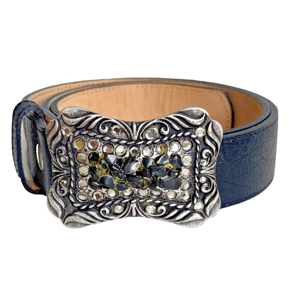 Vintage Y2K Leatherock USA Leather Belt Rhinestone Crystal Buckle Size Large